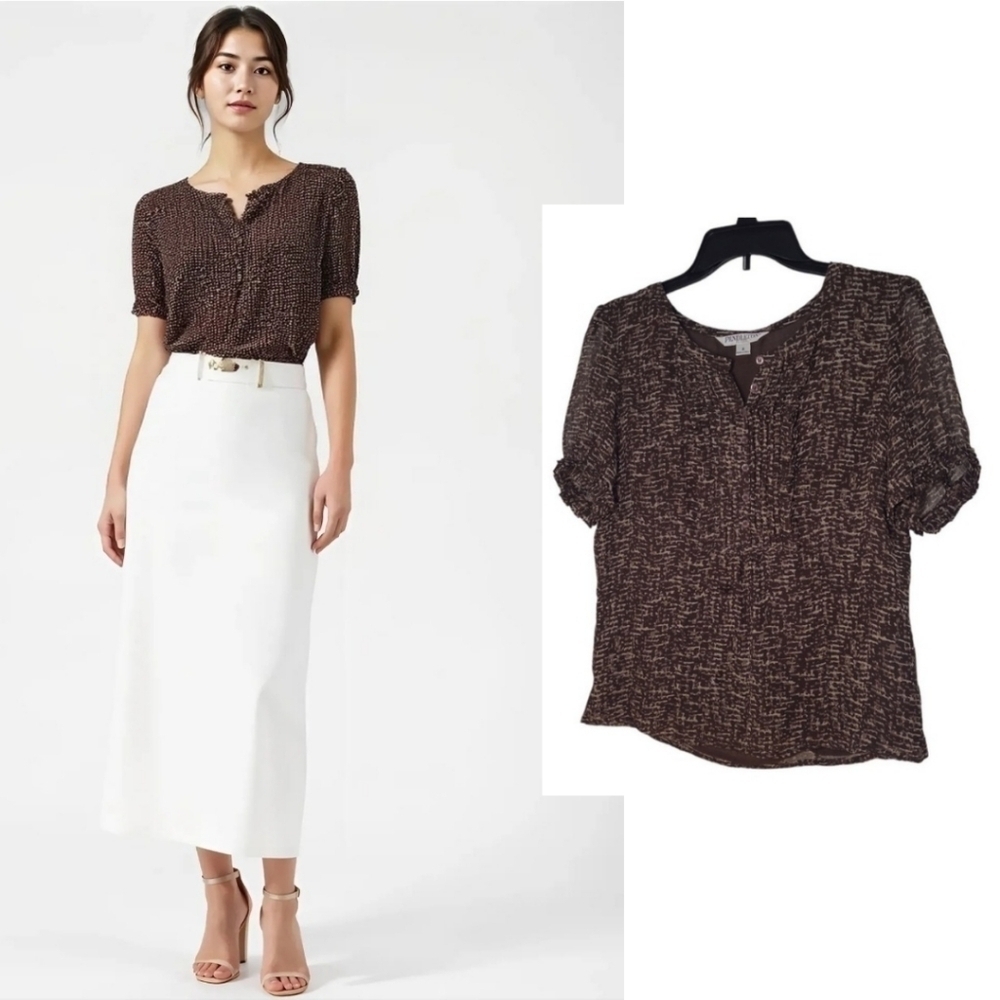 Pendleton 100% Silk Sheer Puff Sleeve Brown Blouse Petite 8 — Quiet Luxury Work - Picture 12 of 14